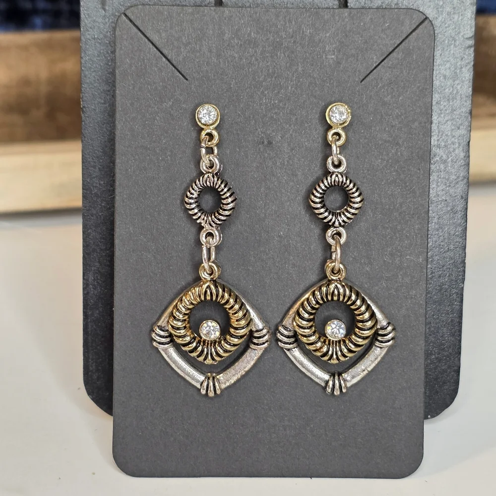 Artisan Style Two Tone Gold & Silver Metal Dangle Earrings with CZ Faux Diamonds
